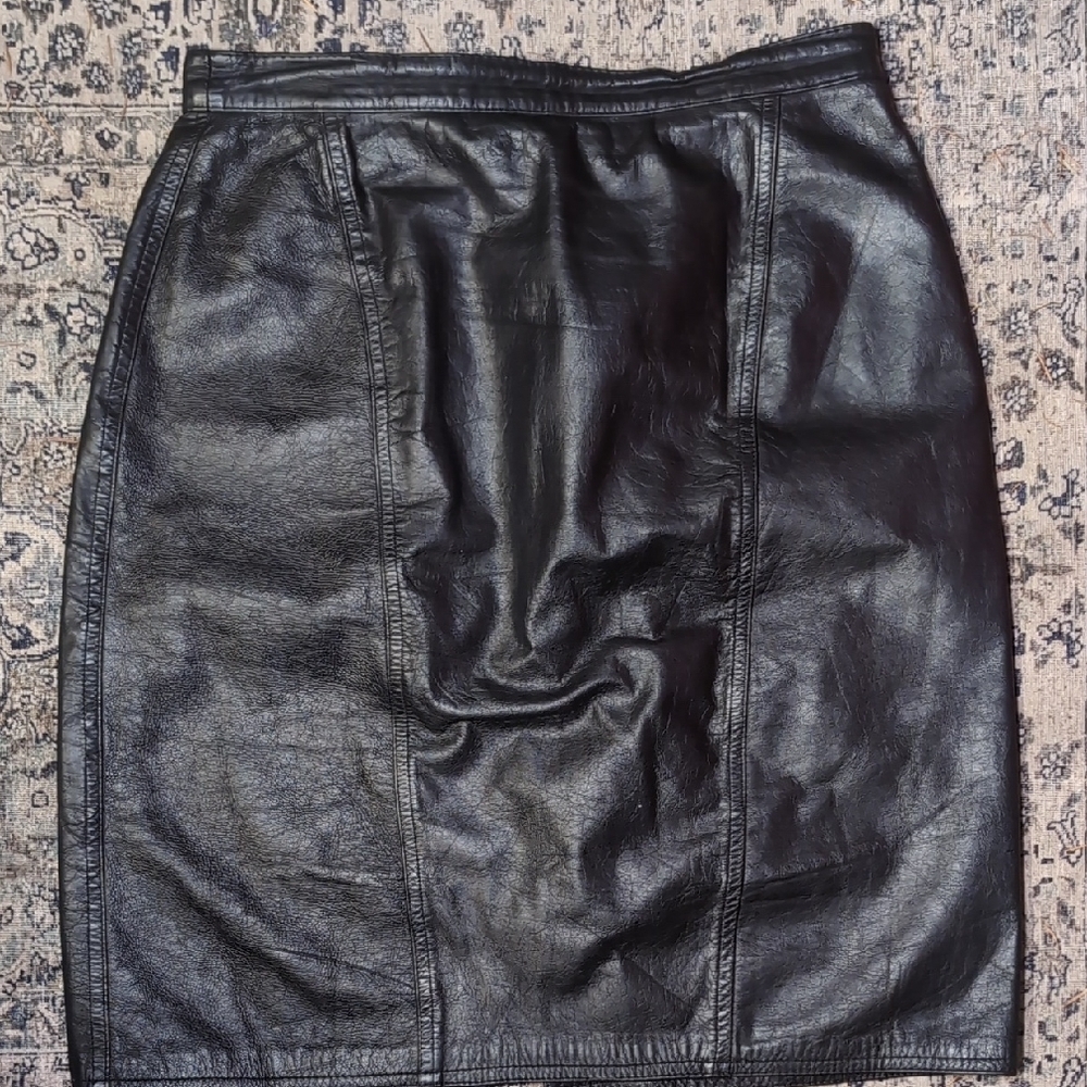 Vintage 100% Black Leather Pencil Skirt